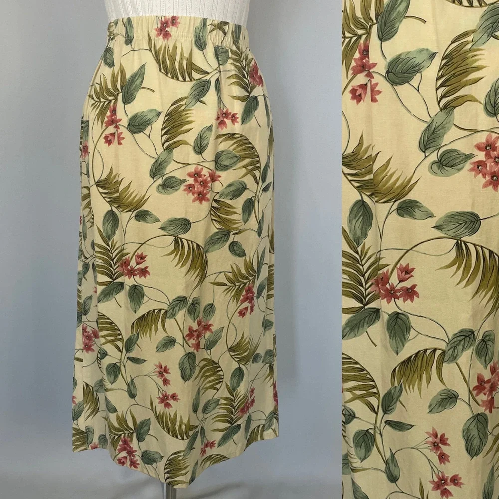 Vintage Midi Skirt Size Small Cream Yellow Floral Print Tropical Boho Linen 90s